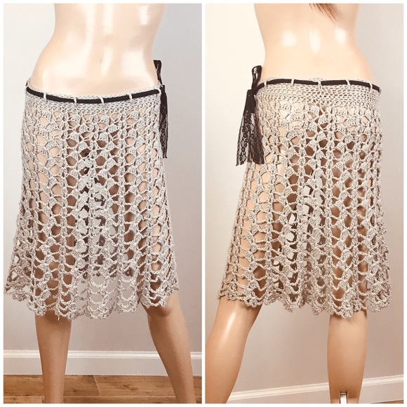 Vintage Dresses & Skirts - Vintage Crochet Oatmeal Midi Skirt Medium